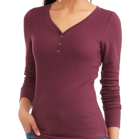 Time and Tru Women's Long Sleeve Henley Top - Burgundy - Picture 1 of 5